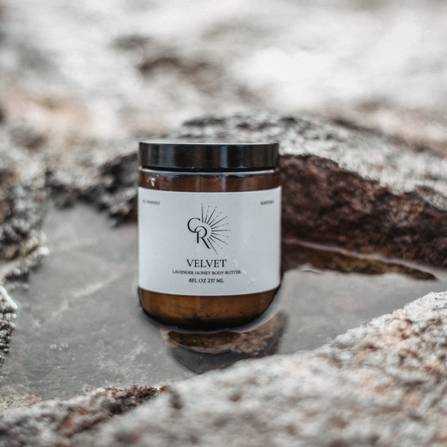 Sustainable packaging of organic body butter showing lavender and honey ingredients