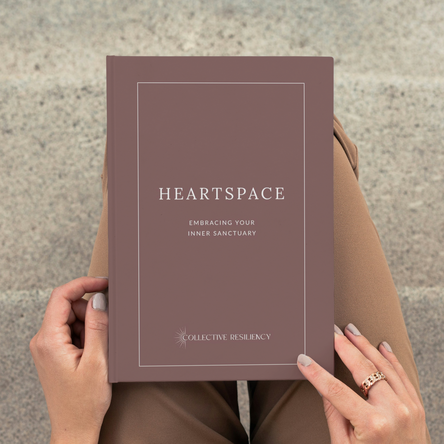 Heart Space Journal in peaceful setting with calming tea and essential oils
